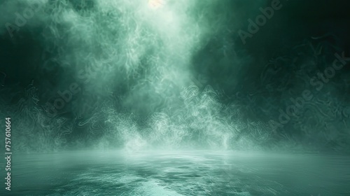 Dark green background fog and light on floor. Mystical mist. smoke in dark room. Banner show product 