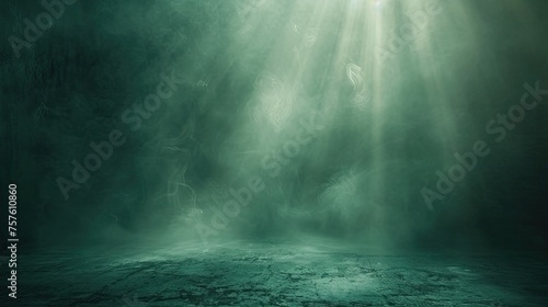 Dark green background fog and light on floor. Mystical mist. smoke in dark room. Banner show product 