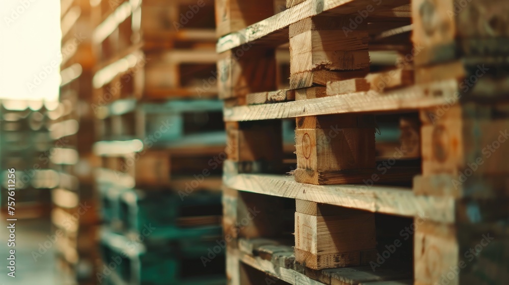 Stack of wooden pallet at factory warehouse. Cargo and shipping. Sustainability of supply chains. Eco-friendly and sustainable properties. Renewable wood pallet 