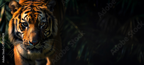 portrait of a tiger on a dark jungle background with copy space