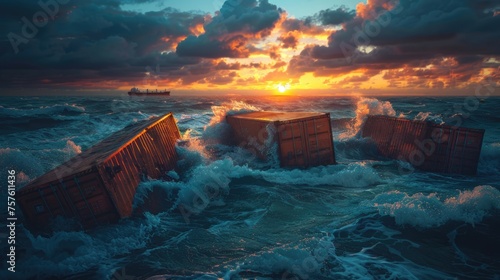 floating cargo containers from logistic cargo ship with wave after big storm.