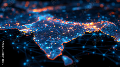 Obraz na płótnie Digital globe focused on Asia/Middle East represents global networking, earthly connectivity, data transfer, info exchange, and global telecommunication w salonie