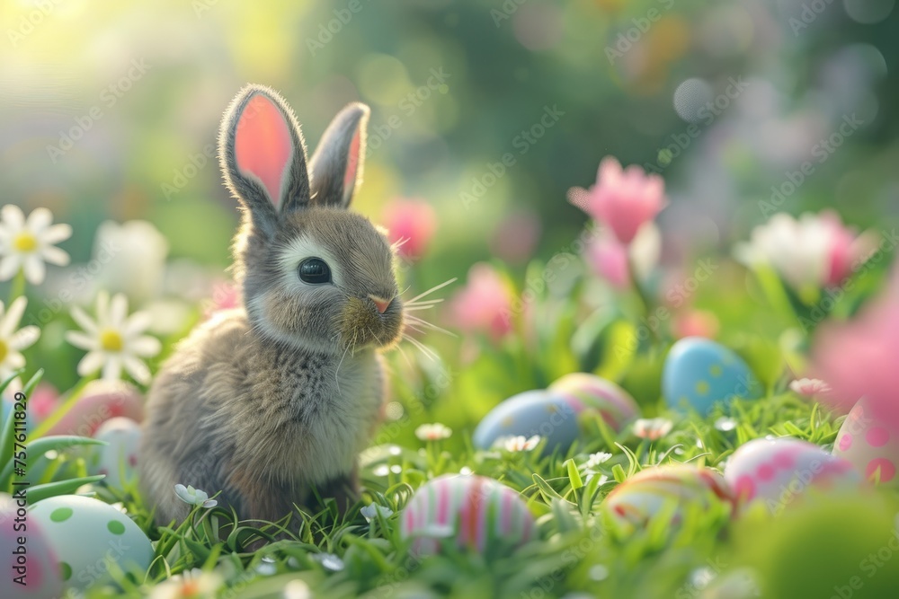 Happy Easter with bunny in the grass with flowers and easter eggs. Happy Easter with bunny in the grass with flowers and easter eggs.