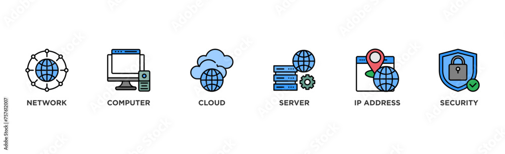 Network technology banner web icon vector illustration concept with icon of network, computer, cloud, server, ip address and security Network technology banner web icon vector illustration concept with icon of network, computer, cloud, server, ip address and security
