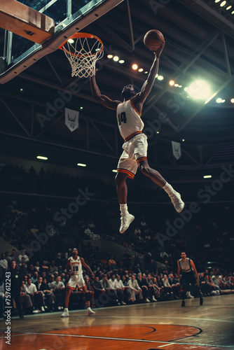 A dynamic image capturing a basketball player mid-air about to dunk during a game © bluebeat76