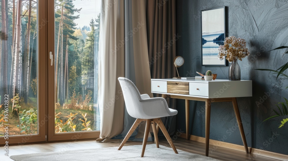 Obraz premium Workplace in modern room with white chair at wooden drawer writing desk against of window near dark grey wall Interior design of modern scandinavian home office 