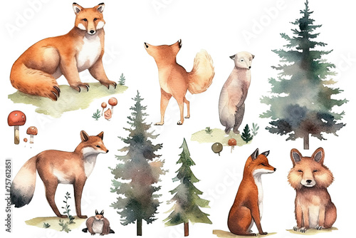 isolated squirell bear white Fir fox trees Watercolor family clipart set Woodland animals background trees illustration photo