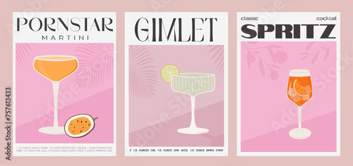 Pornstar Martini, Gimlet and Aperol Campari Spritz Cocktail. Classic alcohol beverage recipe. Set of modern trendy graphic print. Summer aperitif wall art. Minimalist poster with garnish drink. Vector