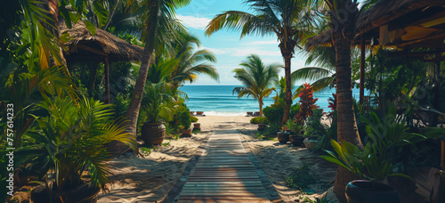 Beachside walkway with tropical foliage leading to the ocean