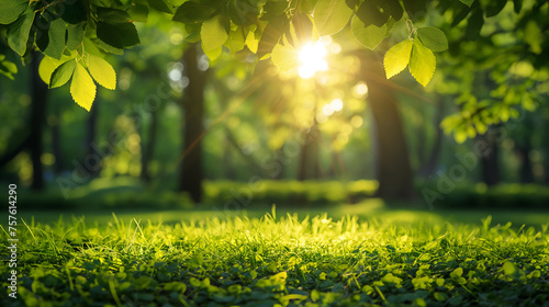 A serene dawn breaks as warm sunlight filters through the vibrant green leaves of a lush garden, heralding a new day - springtime background - Generative AI
