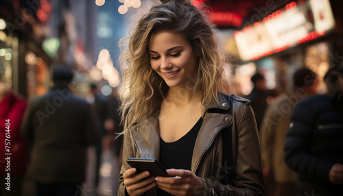 Aplicación de teléfono joven usando dispositivo tecnológico sosteniendo teléfono móvil.
Mujer usando smartphone en la noche en la calle comercial de la ciudad, buscando o redes sociales concepto. photo