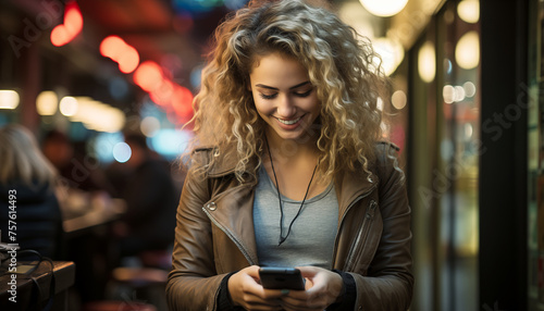 Aplicación de teléfono joven usando dispositivo tecnológico sosteniendo teléfono móvil.
Mujer usando smartphone en la noche en la calle comercial de la ciudad, buscando o redes sociales concepto. photo