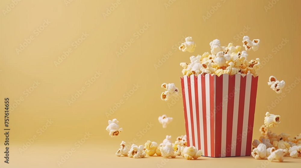 Scattered delicious popcorn from red striped box on light yellow background with copy space