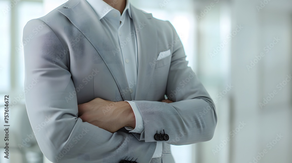 Naklejka premium a businessman in a business suit, standing with crossed arms