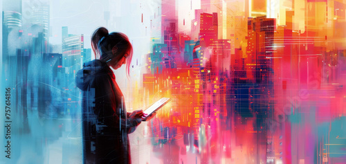 Silhouette of a hacker with digital interface overlay in cityscape background