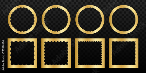Set of shining golden square and round mirror, photo or picture frames with wiggly inner borders. Decoration design elements, stickers or tags isolated on dark background. Vector illustration.