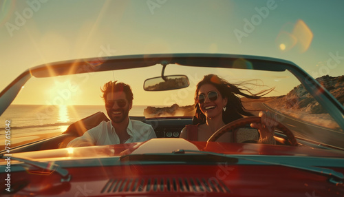 Dos felices pareja joven conducir coche cabrio durante las vacaciones de viaje por carretera en el paisaje escénico.
Estilo de vida, viajes, turismo, naturaleza, vida activa.
