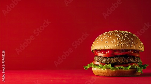 A very tall hamburger, over a red background, copy space - generative ai