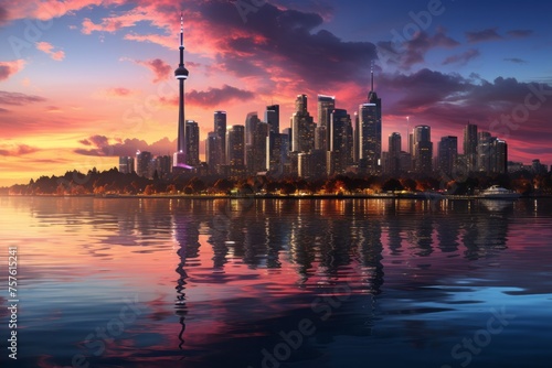 Toronto skyline reflects in water at sunset, creating a beautiful afterglow