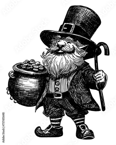 leprechaun with cauldron gold coins pot and cane isolated transparent background Saint Patricks Day hand drawn sketch vector illustration for holiday celebration card design