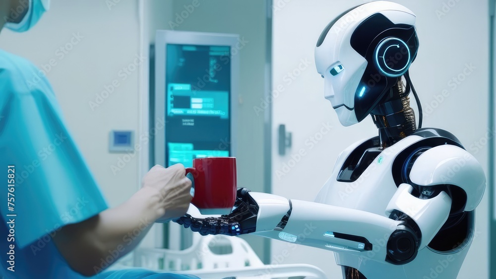 robot with mug in hospital brings coffee to patients in hospital room. Concept of technology, automation, patient care, medical care, innovation. robot with mug in hospital brings coffee to patients in hospital room. Concept of technology, automation, patient care, medical care, innovation.