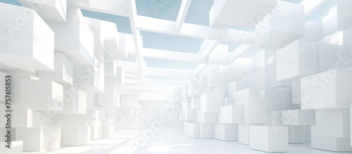 Building facade designed with a pattern of white cubes in a very long hallway  creating a mesmerizing effect with transparent glass rectangles