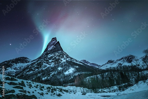 Mountain peak (Aurora borealis) Stetind, arctic winter landscape, night view, starry sky, northern lights Northern Lights, Stetinden, Nordland, Norway, Europe photo
