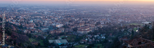 Panoramic view of cityscape Bergamo, aerial view to the city in the mountain valley, Lombardy, Italy.