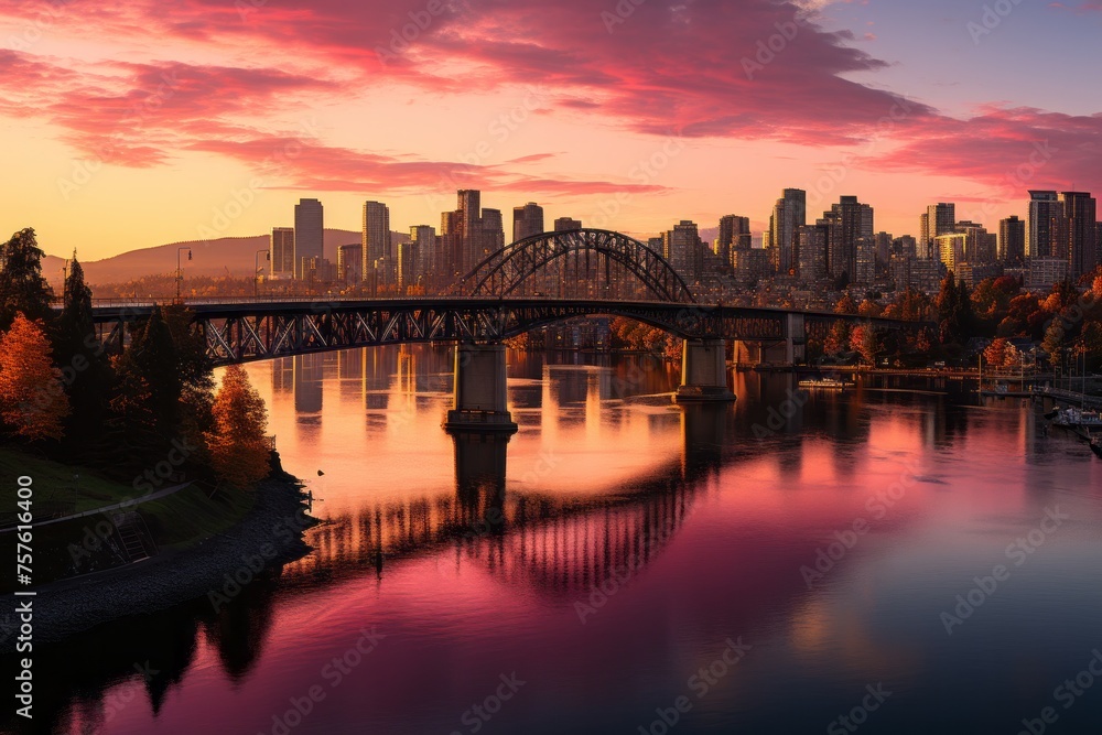Sunset over river with bridge, city skyline and clouds in background