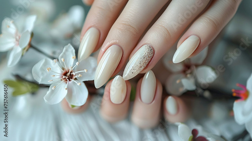 Fashion Nails Art. Delicate light Nude Ombre gradient manicure of white and beige color with diamonds and pearl art , wedding or part nails, acrylic or gel nails	
