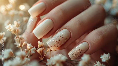 Fashion Nails Art. Delicate light Nude Ombre gradient manicure of white and beige color with diamonds and pearl art   wedding or part nails  acrylic or gel nails  