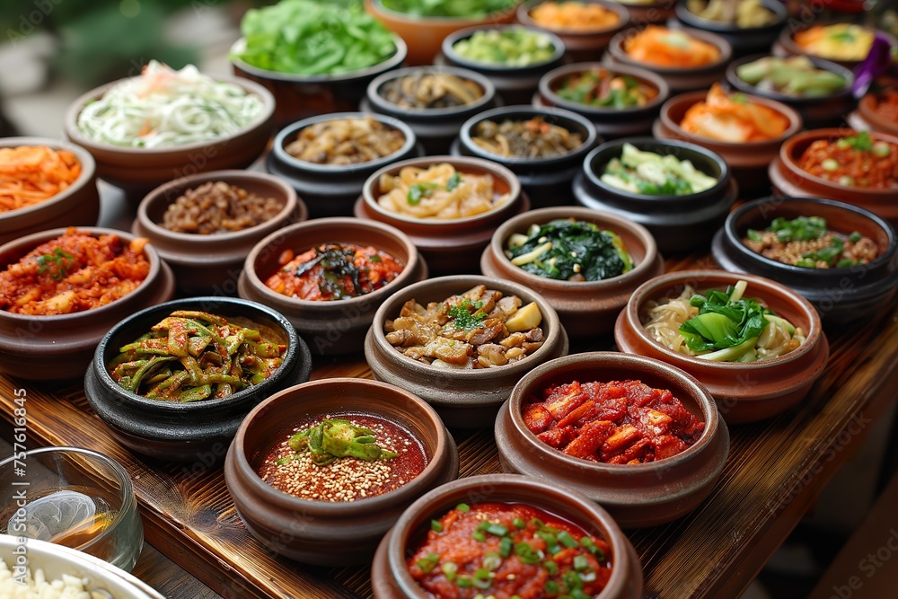 An array of bowls filled with food on a wooden table.