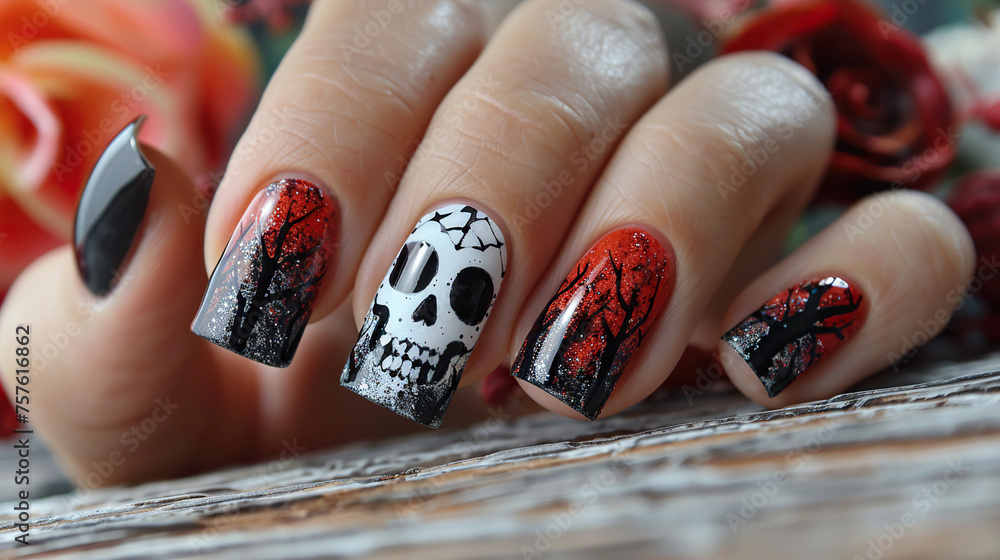 acrylic gel nail art of winter autumn style, halloween skull art french manicure style nails acrylic gel nail art of winter autumn style, halloween skull art french manicure style nails