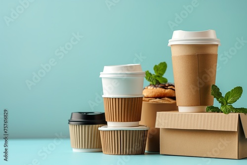 Multiple coffee cups placed on top of a cardboard box, set against a blue background.