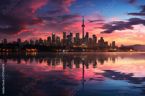 Toronto skyline mirrored in water at sunset creates stunning afterglow
