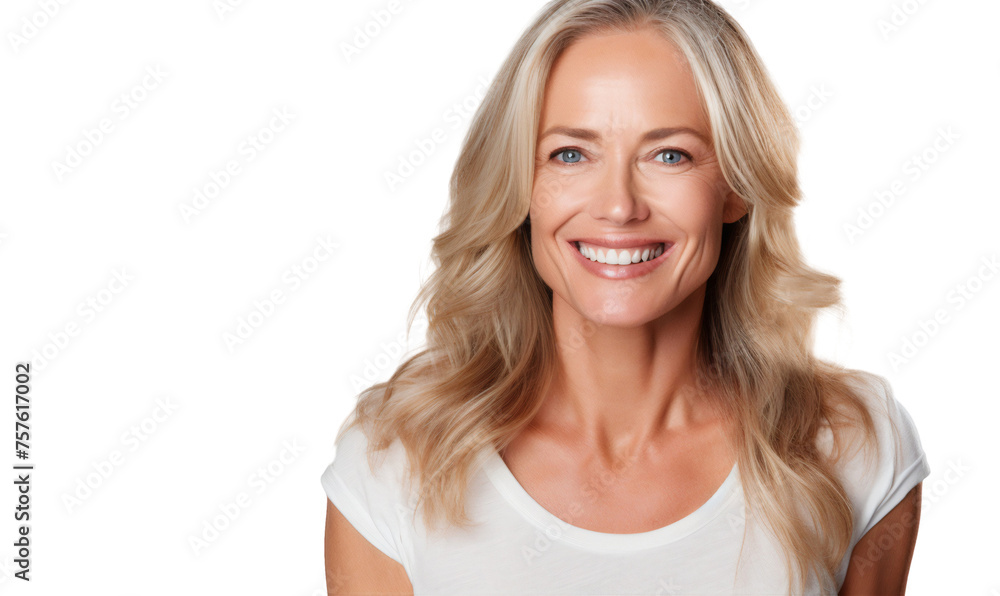 Happy smiling joyful senior woman with long blond hair, isolated cutout people on transparent background Happy smiling joyful senior woman with long blond hair, isolated cutout people on transparent background