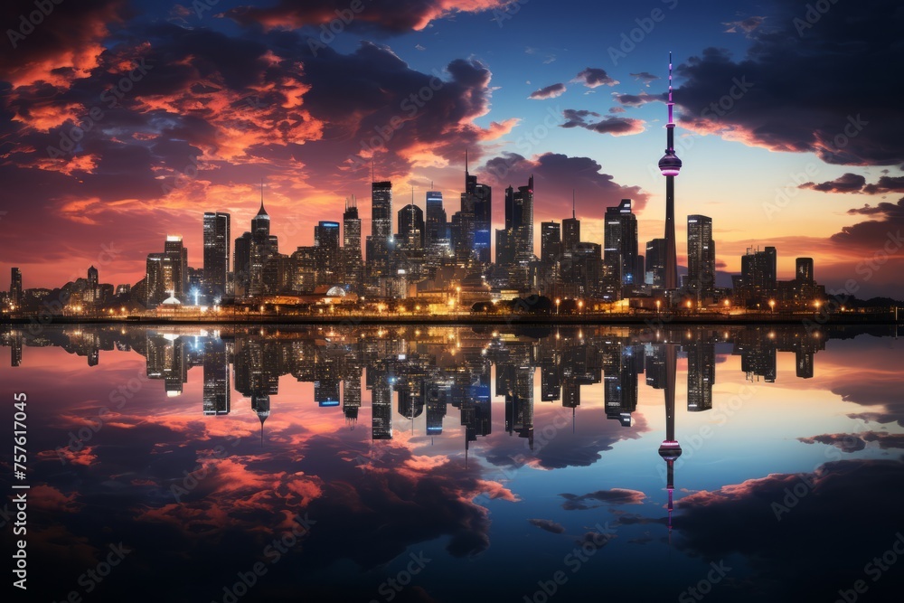 Torontos skyline is mirrored in the water as the sun sets