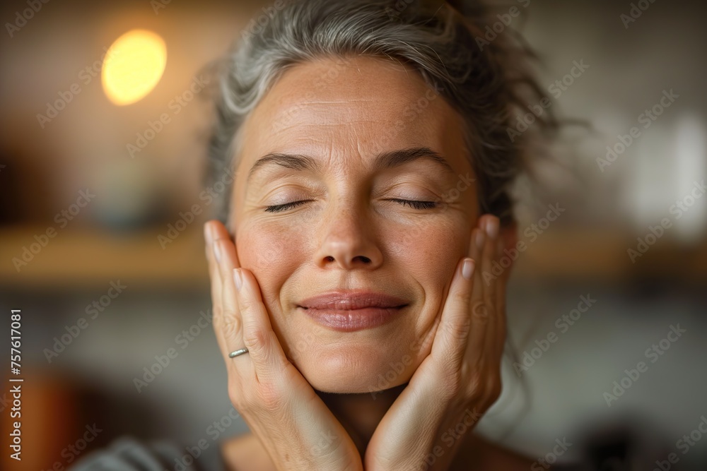 A mature woman with her hands on her face, performing face building exercise for facial rehabilitation. A mature woman with her hands on her face, performing face building exercise for facial rehabilitation.