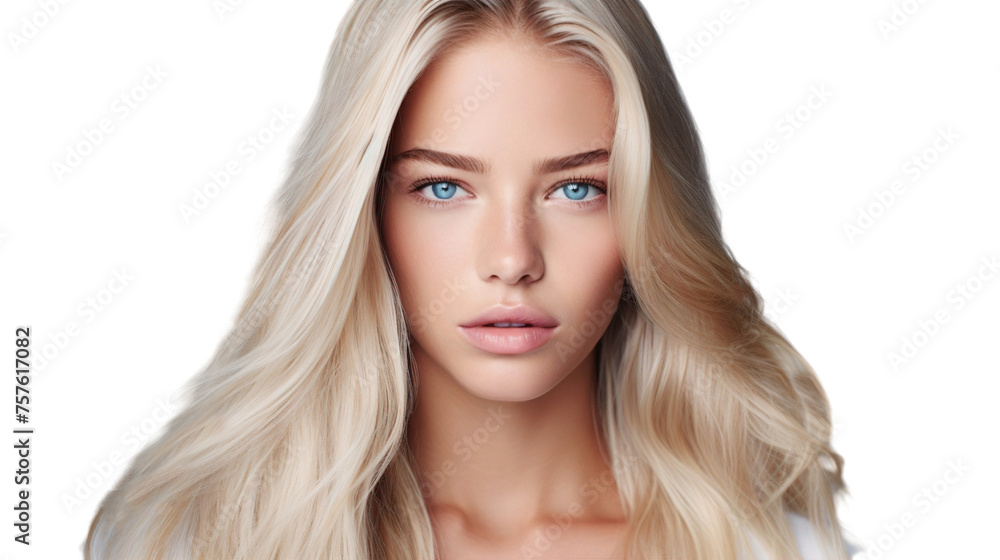 Close up face of beautiful smiling Caucasian woman with blue eyes, isolated cutout people on transparent background Close up face of beautiful smiling Caucasian woman with blue eyes, isolated cutout people on transparent background