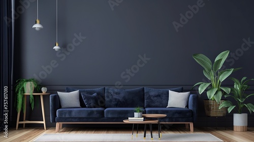 A dark blue couch stands on a white rug in a modern studio living room.