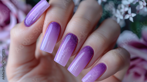 Summer bright lilac , ombre manicure with crystals, sparkles on long square nails on a lavender flower background, close-up. lilac color French manicure with decoration.