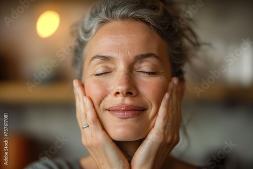 A mature woman with her hands on her face, performing face building exercise for facial rehabilitation.