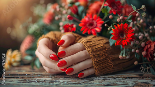  hands of a young woman with bright red manicure on nails , acrylic nails, gel nails, on red flower background photo