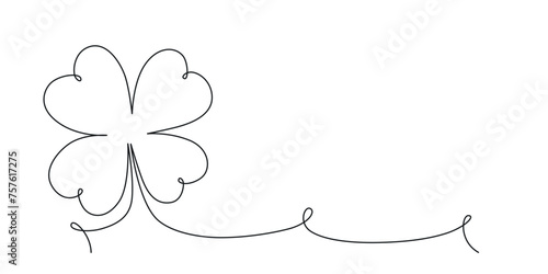 Clover flower banner for Saint Patrick day - good lucky symbol, single line. Vector stock minimalism illustration isolated on white background for design template invitation frame. Editable stroke.