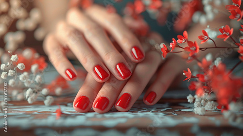  hands of a young woman with bright red manicure on nails , acrylic nails, gel nails, on red flower background