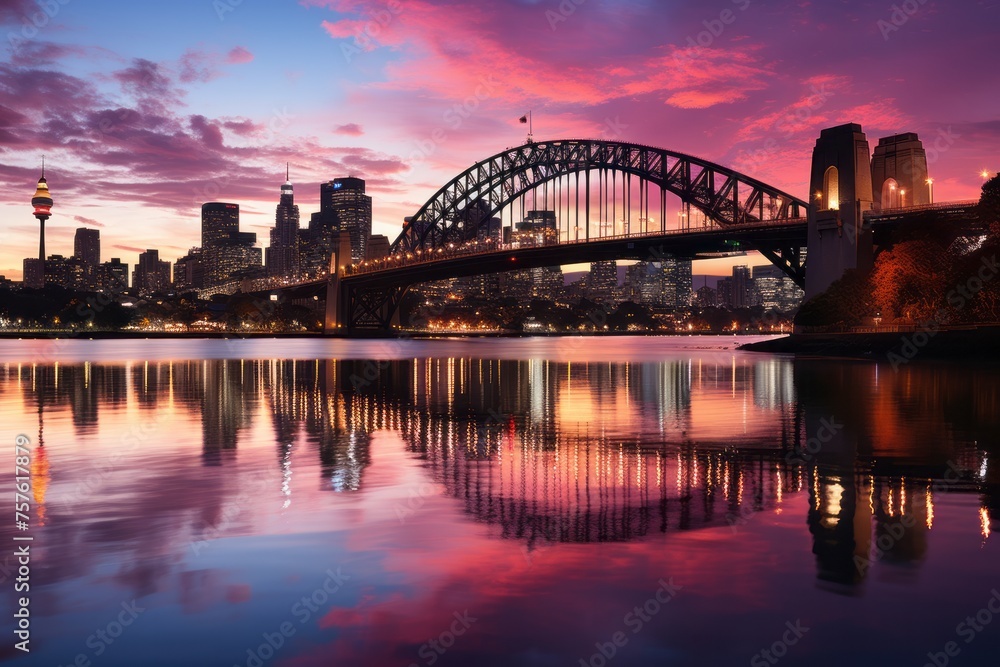 Sydney Harbor Bridge reflected in water at sunset with afterglow