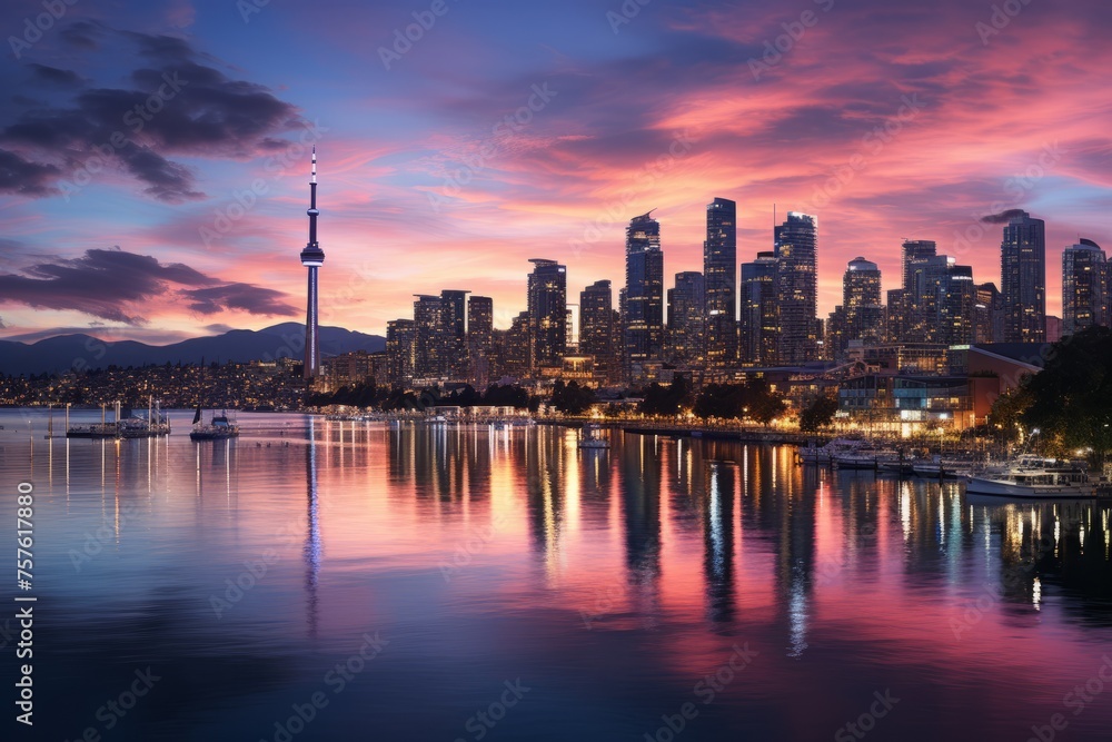 City skyline mirrored in water at sunset, creating a stunning afterglow