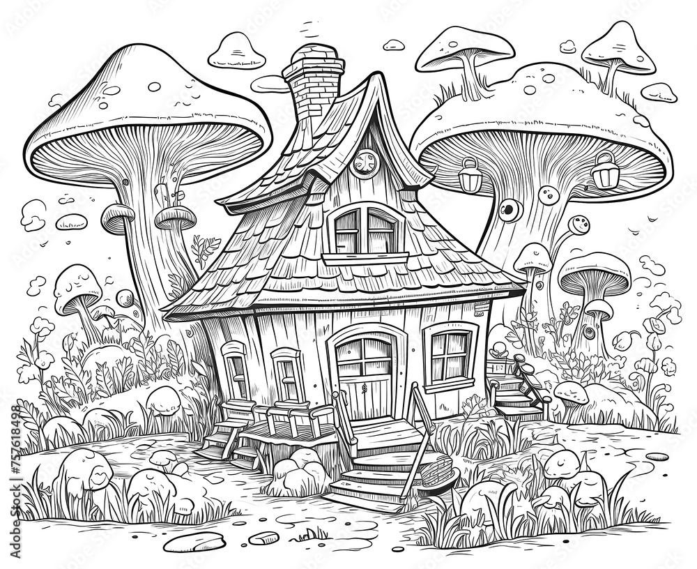 Black and white illustration for coloring fairy house, building.