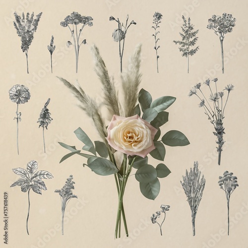 Skizziertes Herbarium mit Blütendetails im Hintergrund
