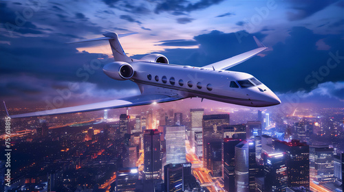 luxury white private jet plane flying above the city at sunset